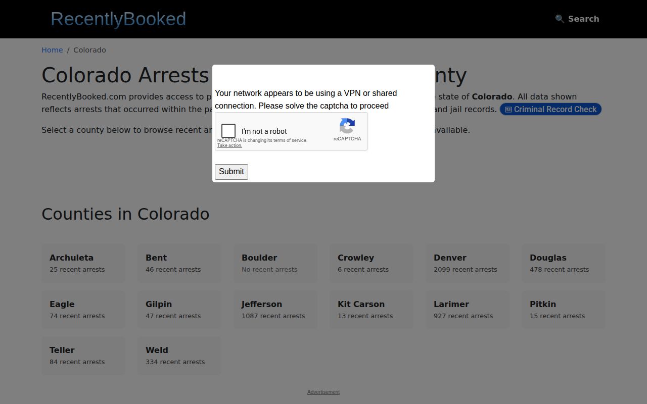 RecentlyBooked Colorado county index showing no Sedgwick County booking section