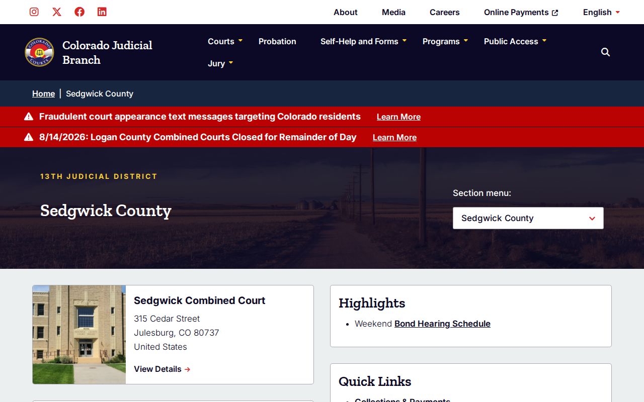 Sedgwick County Colorado court docket and warrant verification page